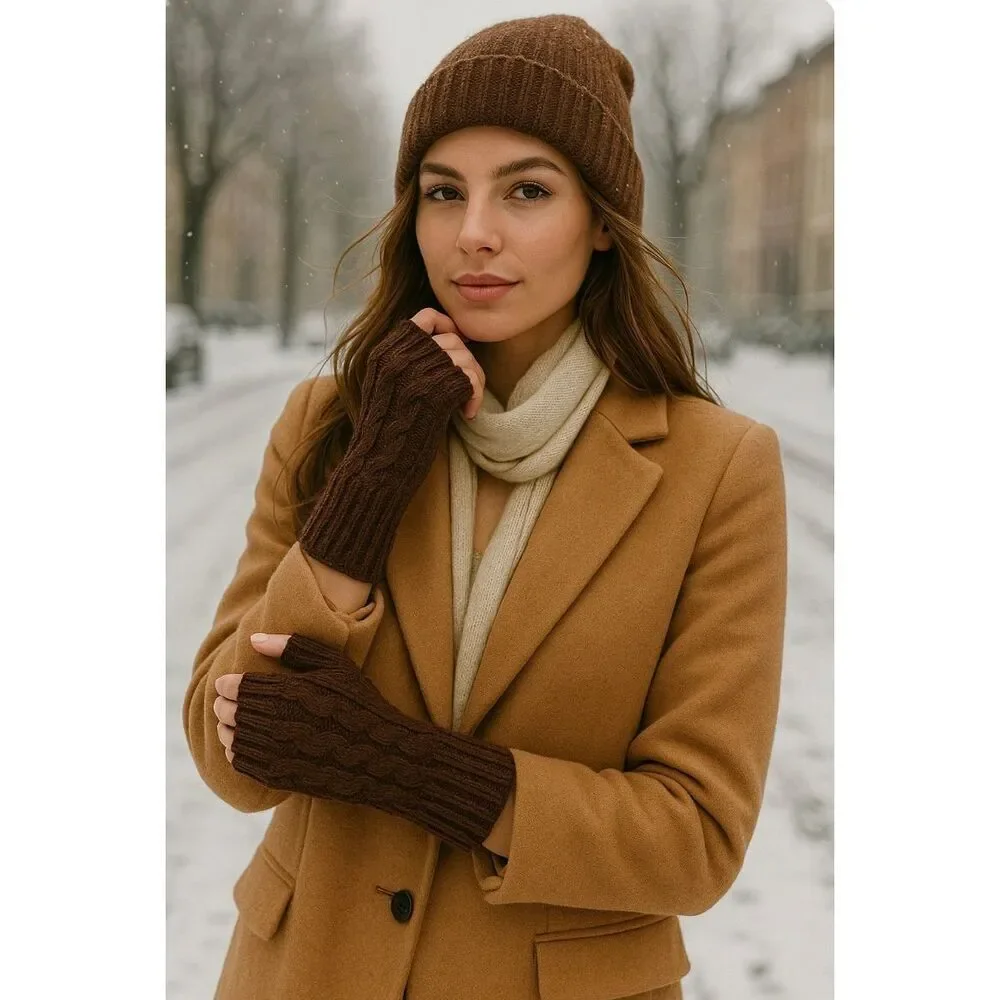 Women’s Cable Knit Fingerless Gloves Brown One Size